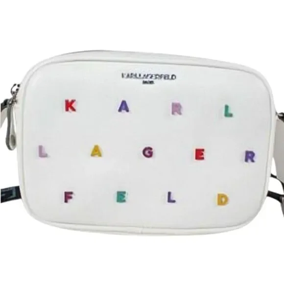 Karl Lagerfeld Colorful Lettered White Crossbody Bag w/ Signature Guitar Strap - Picture 8 of 12